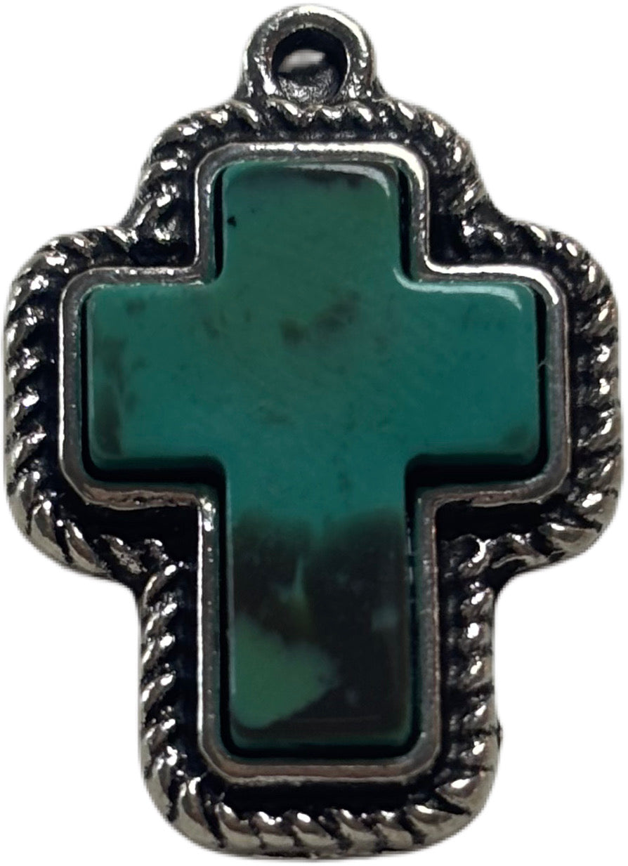 Silver Cross With Blue Rock Charm