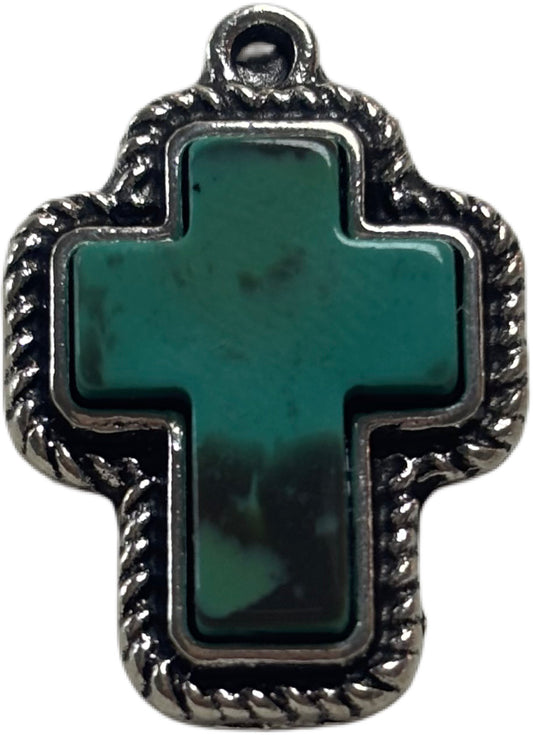 Silver Cross With Blue Rock Charm